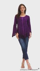 Sakkas Aura Womens Casual Ruffle Flare Crop Top Blouse Long Sleeves w/Embroidery