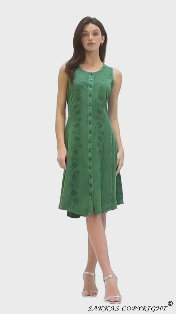 Sakkas Maya Midi Floral Embroidered Sleeveless Button Up Rayon Dress#color_Green