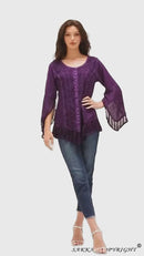 Sakkas Aura Womens Casual Ruffle Flare Crop Top Blouse Long Sleeves w/Embroidery