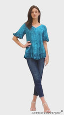 Sakkas Sayle Long Star Embroidered Blouse Shirt Top With Button Front And Ruffles