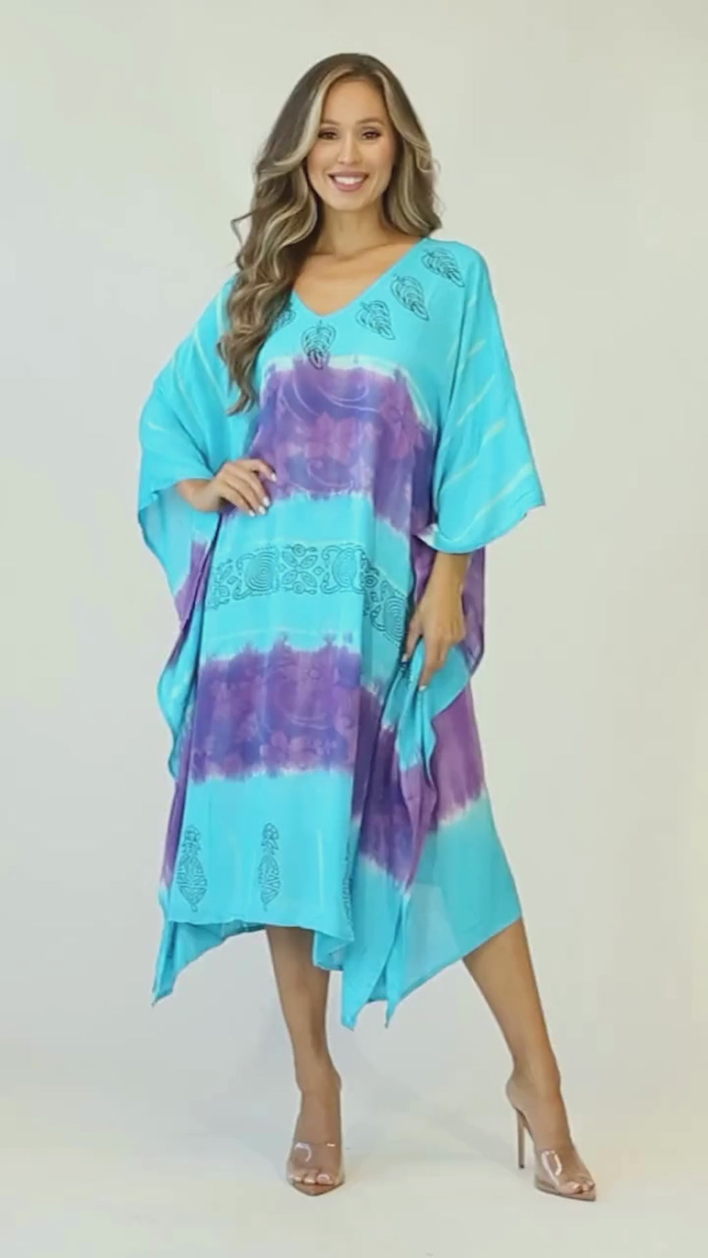 Sakkas Clementine Second Women's Tie Dye Caftan Dress/Cover Up Beach Kaftan Boho#color_39-PurpleTurquoise