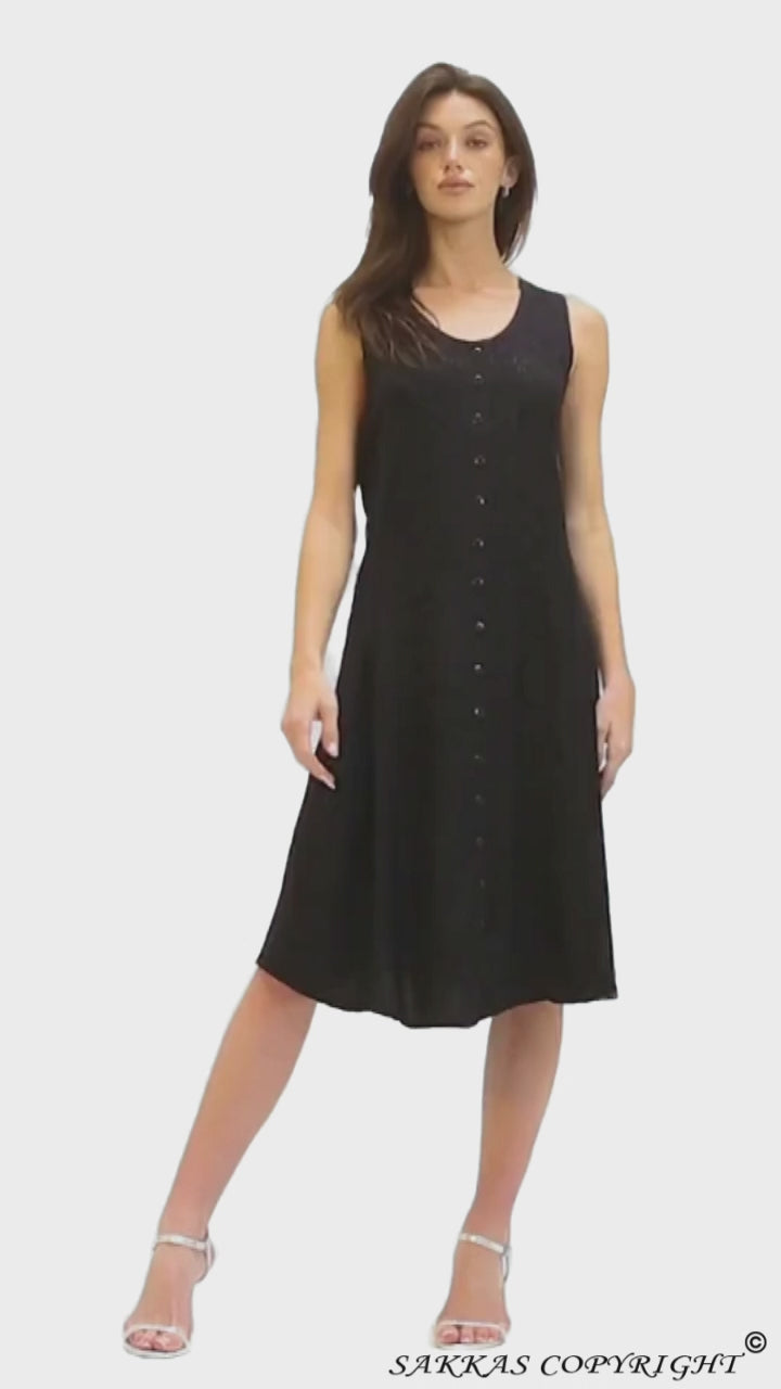 Sakkas Maya Midi Floral Embroidered Sleeveless Button Up Rayon Dress#color_Black