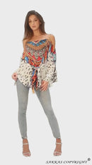 Sakkas Bosede Off-Shoulder Glockenärmel Freizeit-Oberteil Bluse mit Print und Strasssteinen