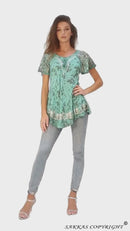 Sakkas Ash Speckled Tiedye Embroidered Cap Sleeve Blouse Top With Embroidery Hems