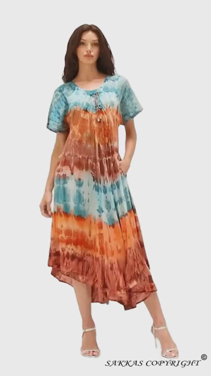 Sakkas Sula Tie-Dye Wide Neck Embroidered Boho Sundress Caftan Cover Up#color_Blue / Orange