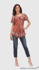 Sakkas Ash Speckled Tiedye Embroidered Cap Sleeve Blouse Top With Embroidery Hems