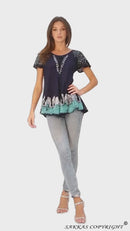 Sakkas Cora Relaxed Fit Batik Design Embroidery Cap Sleeves Blouse / Top