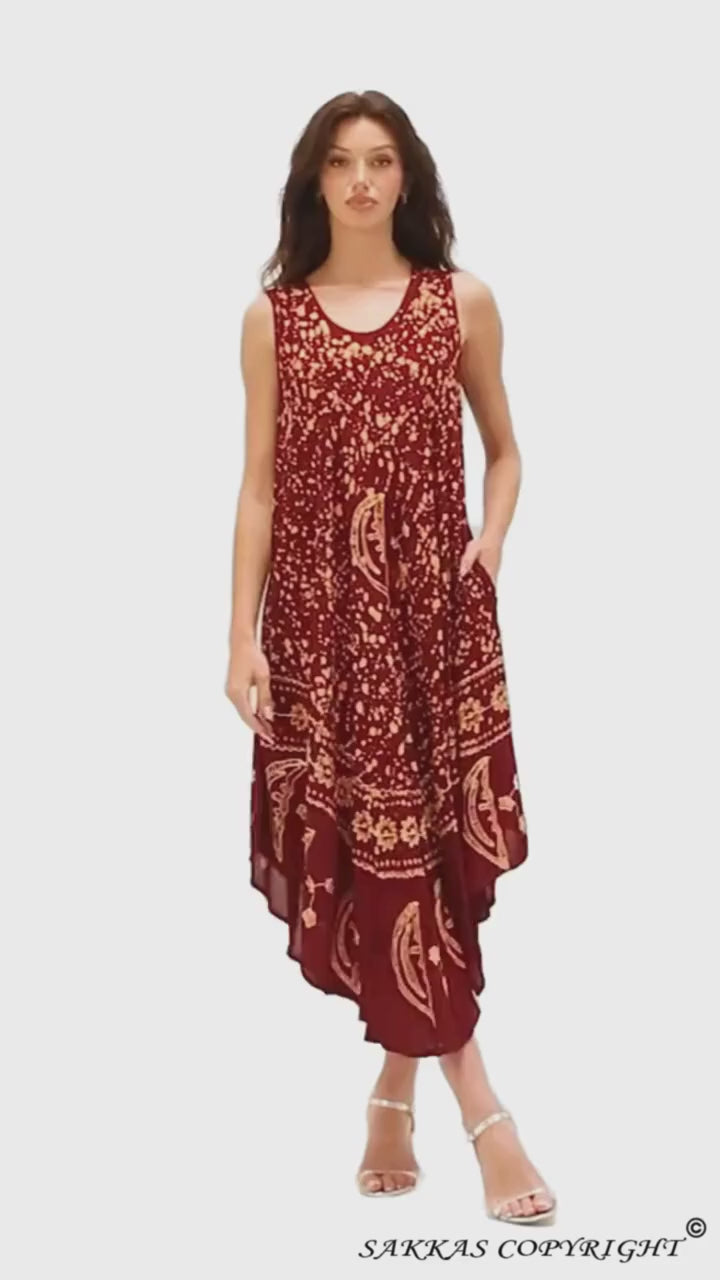 Sakkas Moon and Stars Batik Caftan Tank Dress / Cover Up#color_Burgundy/SunsetOrange