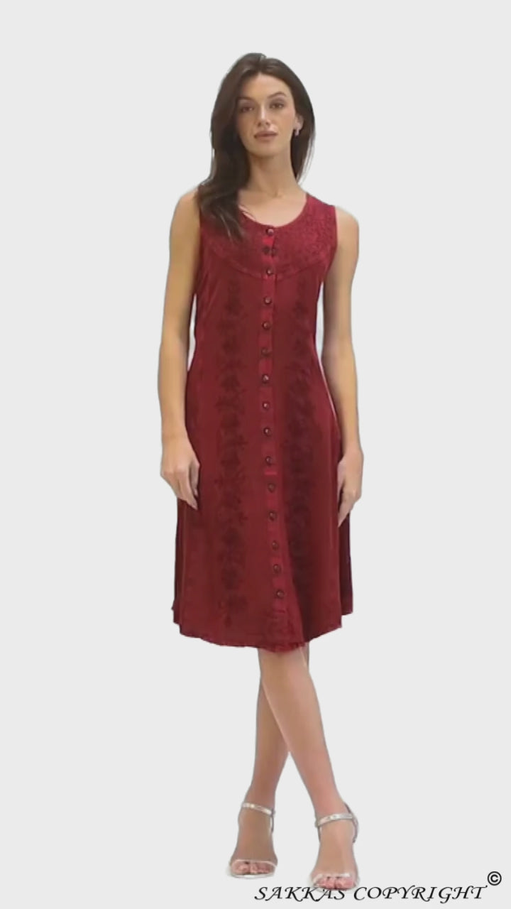 Sakkas Maya Midi Floral Embroidered Sleeveless Button Up Rayon Dress#color_Burgandy