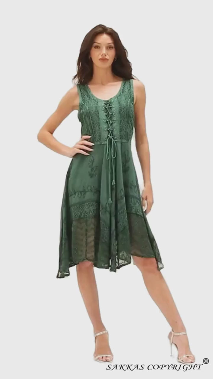 Sakkas Magdilena Stonewashed Corset Front Embroidered Dress#color_Green
