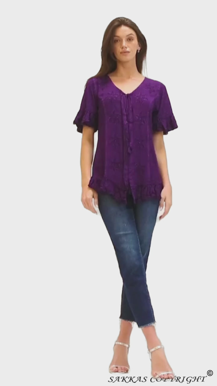 Sakkas Sayle Long Star Embroidered Blouse Shirt Top With Button Front And Ruffles#color_Purple