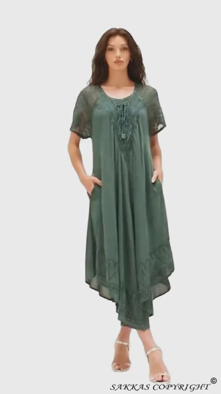 Sakkas Egan Women's Long Embroidered Caftan Dress / Cover Up With Embroidered Cap Sleeves#color_A-ForestGreen