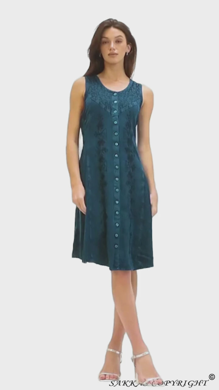 Sakkas Maya Midi Floral Embroidered Sleeveless Button Up Rayon Dress#color_Turquoise