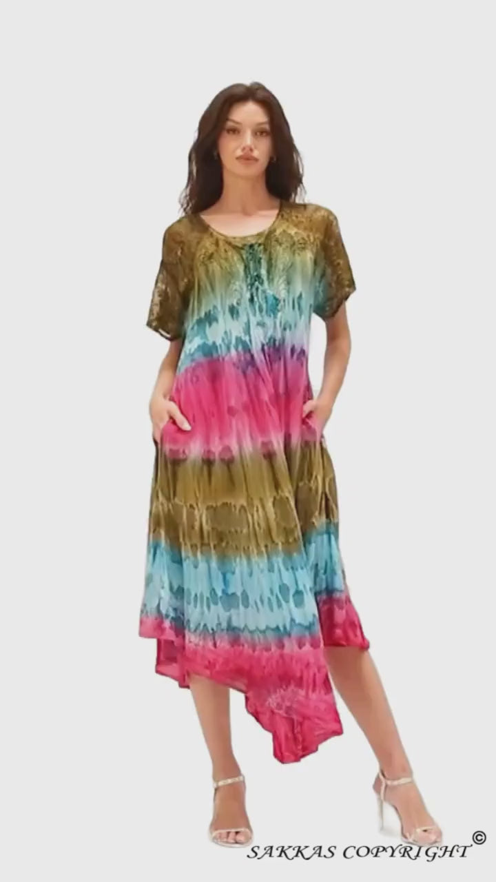 Sakkas Sula Tie-Dye Wide Neck Embroidered Boho Sundress Caftan Cover Up#color_Green / Turquoise