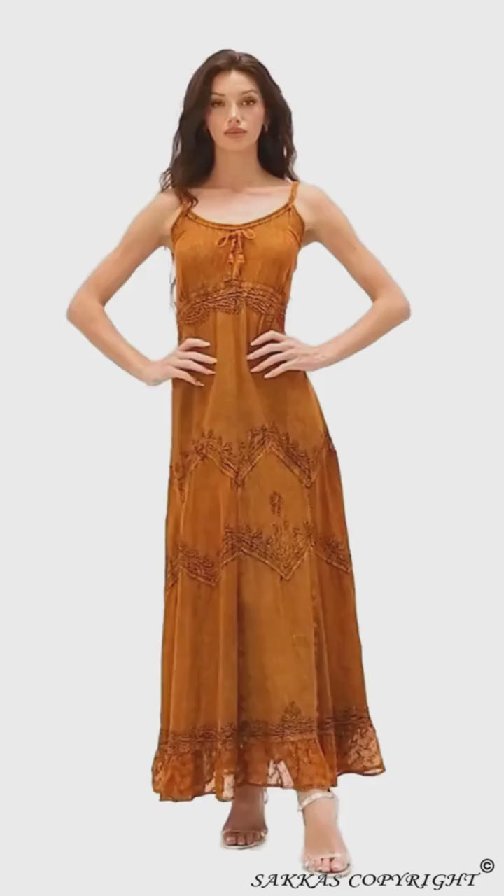 Sakkas Stonewashed Rayon Embroidered Adjustable Spaghetti Straps Long Dress#color_Copper