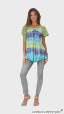 Sakkas Monet Long Tall Tie Dye Ombre Embroidered Cap Sleeve Blouse Shirt Top