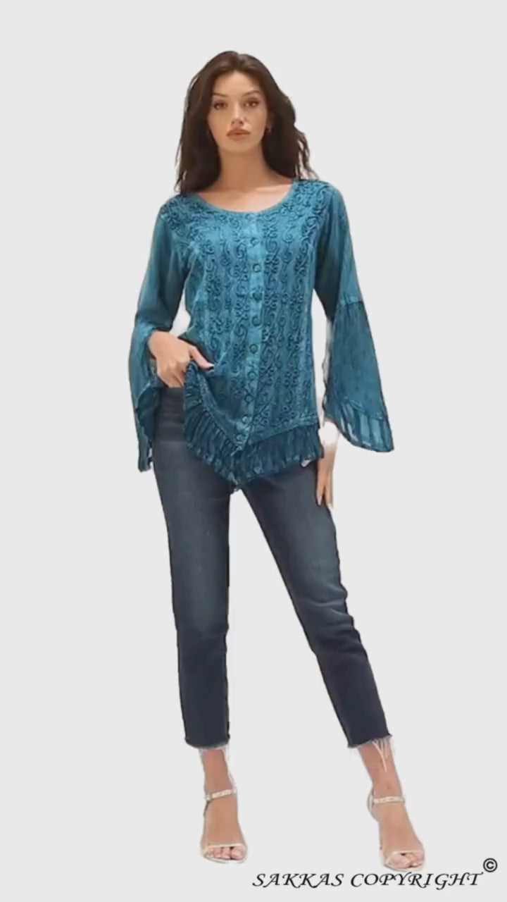 Sakkas Aura Womens Casual Ruffle Flare Crop Top Blouse Long Sleeves w/Embroidery#color_Turquoise