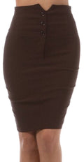 Knee Length High Waist Stretch Pencil Skirt#color_Brown