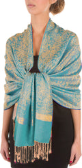 Sakkas 70" x 28" Paisley Self-Design Pashmina Shawl / Wrap / Stole#color_TruquoiseGold