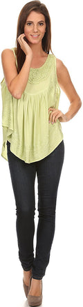 Sakkas Aubrey Delicate Draped Ruffled Embroidered Scooped Neck Sleeveless Blouse#color_Green