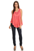 Sakkas Aubrey Delicate Draped Ruffled Embroidered Scooped Neck Sleeveless Blouse#color_Coral