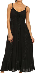 Sakkas Allie Stonewashed Embroidered Adjustable Spaghetti Straps Long Dress#color_Black