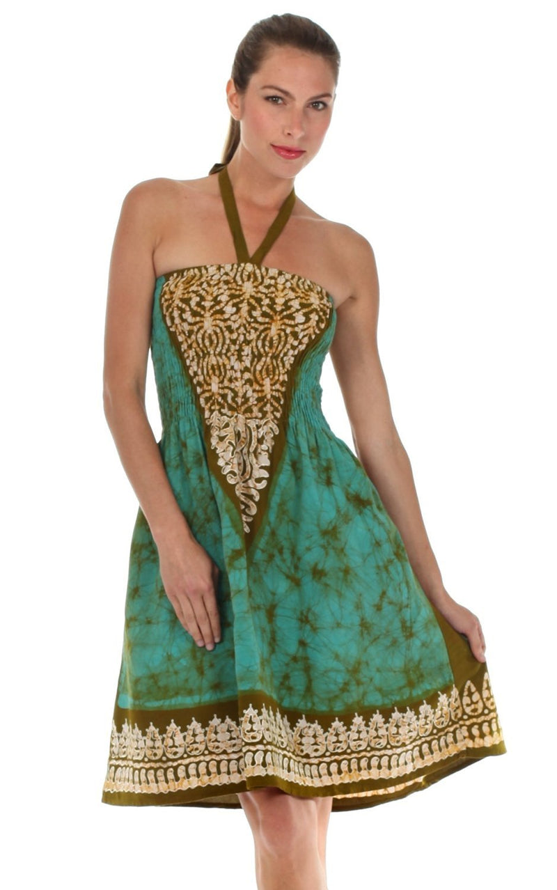Sakkas Embroidered Batik Smocked Bodice Short Halter Tube Dress