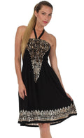 Sakkas Embroidered Batik Smocked Bodice Short Halter Tube Dress#color_Black / White
