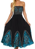 Sakkas Batik Print Embroidered Sleeveless Smocked Tube Top Long Dress#color_Black/Turquoise
