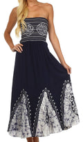 Sakkas Batik Print Embroidered Sleeveless Smocked Tube Top Long Dress#color_Navy/White