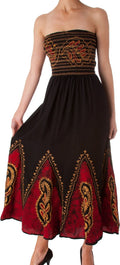 Sakkas Batik Print Embroidered Sleeveless Smocked Tube Top Long Dress#color_Black/Red