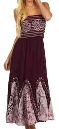Sakkas Batik Print Embroidered Sleeveless Smocked Tube Top Long Dress#color_Cabernet