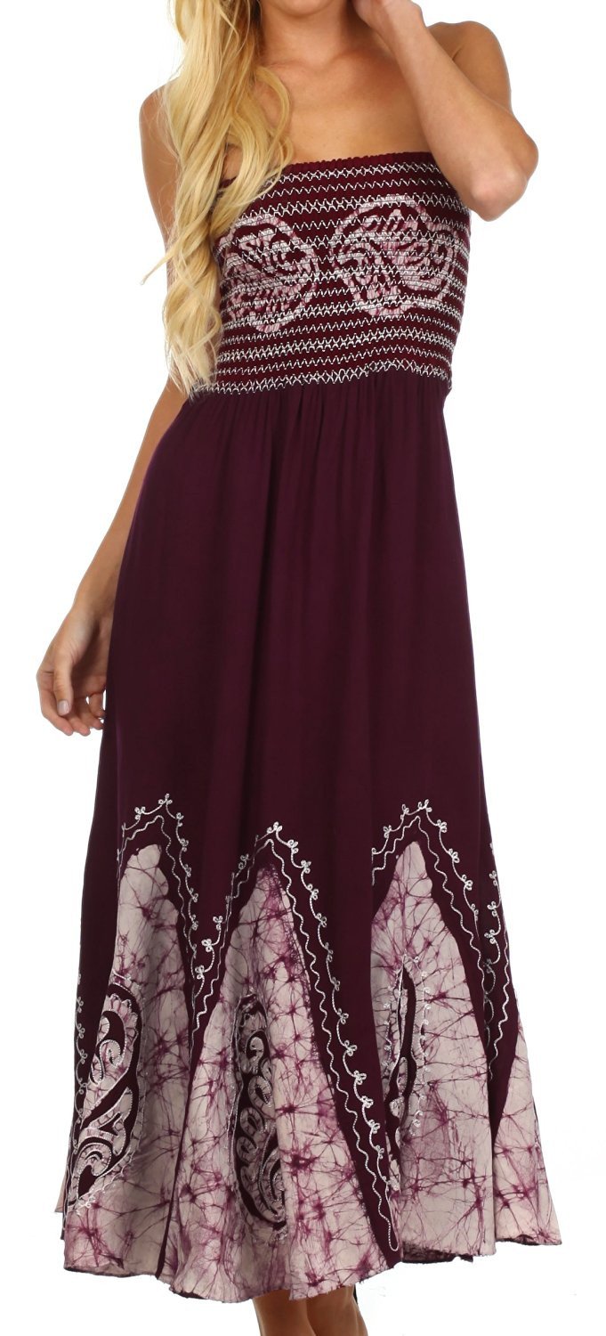 Sakkas Batik Print Embroidered Sleeveless Smocked Tube Top Long Dress