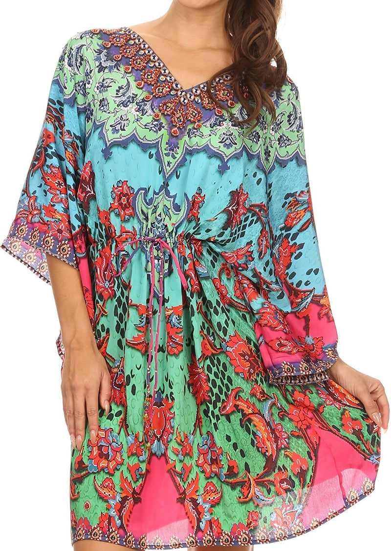 Sakkas Zander Drawstring Waist Dress / Cover Up With Rhinestone  V-Neck