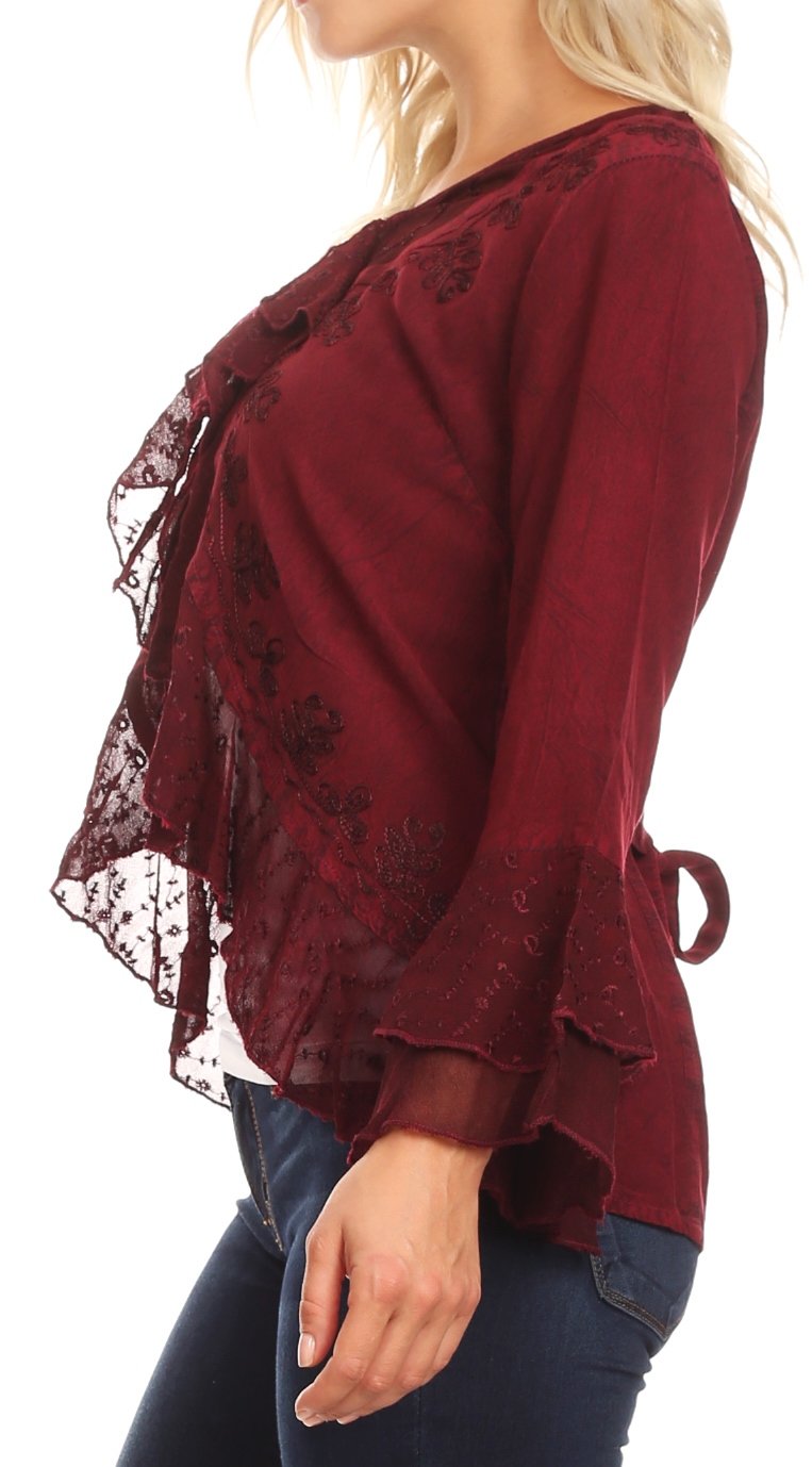 Sakkas Jimena Womens Ruffle 3/4 Sleeve Open Front Cropped Cardigan Top Lace