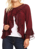 Sakkas Jimena Womens Ruffle 3/4 Sleeve Open Front Cropped Cardigan Top Lace#color_Burgundy 