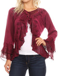 Sakkas Jimena Womens Ruffle 3/4 Sleeve Open Front Cropped Cardigan Top Lace#color_Fuchsia 