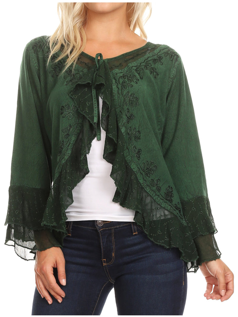 Sakkas Jimena Womens Ruffle 3/4 Sleeve Open Front Cropped Cardigan Top Lace