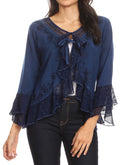 Sakkas Jimena Womens Ruffle 3/4 Sleeve Open Front Cropped Cardigan Top Lace#color_Navy 