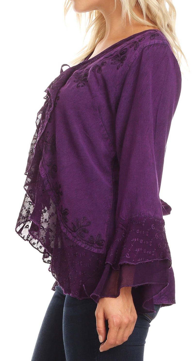 Sakkas Jimena Womens Ruffle 3/4 Sleeve Open Front Cropped Cardigan Top Lace