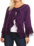 Sakkas Jimena Womens Ruffle 3/4 Sleeve Open Front Cropped Cardigan Top Lace#color_Purple 