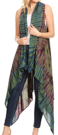Sakkas Ivana Women's Oversized Draped Open Front Sleeveless Cardigan in Tie Dye#color_Olive