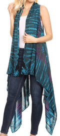 Sakkas Ivana Women's Oversized Draped Open Front Sleeveless Cardigan in Tie Dye#color_Teal