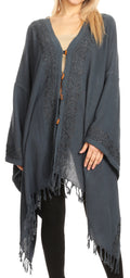 Sakkas Anais Women's Caftan Poncho Top Casual Oversized Solid Comes w/Fringe Boho#color_Grey