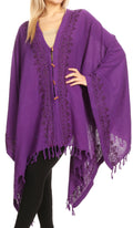 Sakkas Anais Women's Caftan Poncho Top Casual Oversized Solid Comes w/Fringe Boho#color_Purple