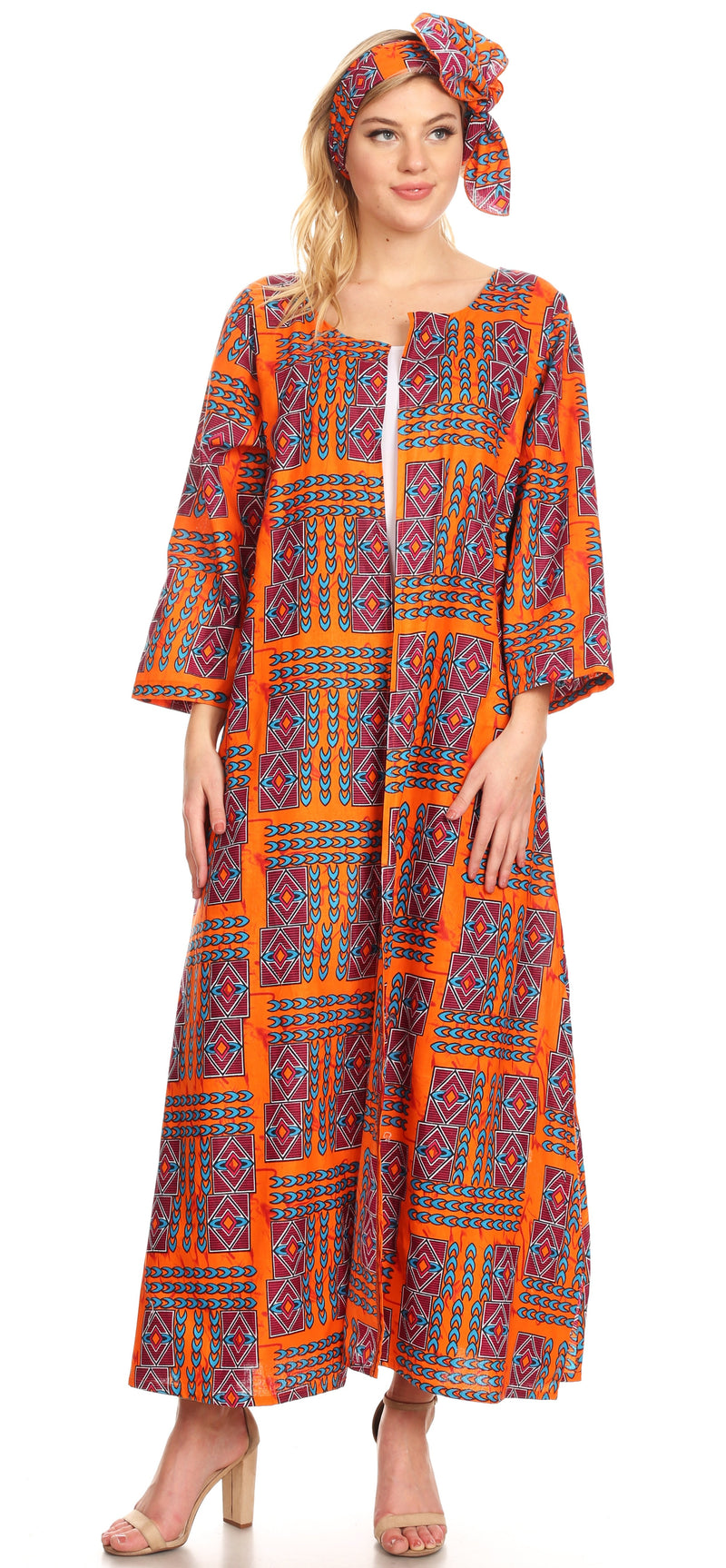 Sakkas Bolanile Cardigan Coat Long Sleeves African Ankara Print With Head Scarf