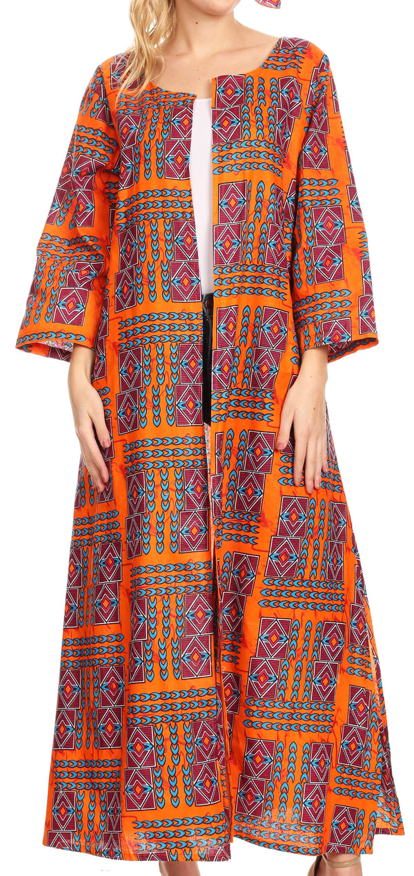 Sakkas Bolanile Cardigan Coat Long Sleeves African Ankara Print With Head Scarf#color_7-Orange/Turquoise