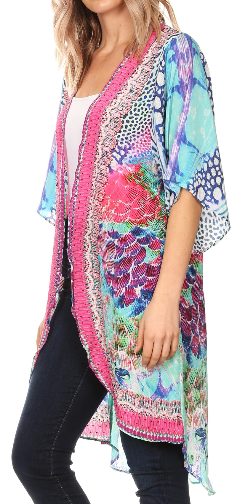Sakkas Denora Women's Casual Draped Kimono Short Sleeve Boho Open Front Cardigan