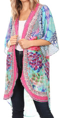 Sakkas Denora Women's Casual Draped Kimono Short Sleeve Boho Open Front Cardigan #color_SM224-Multi