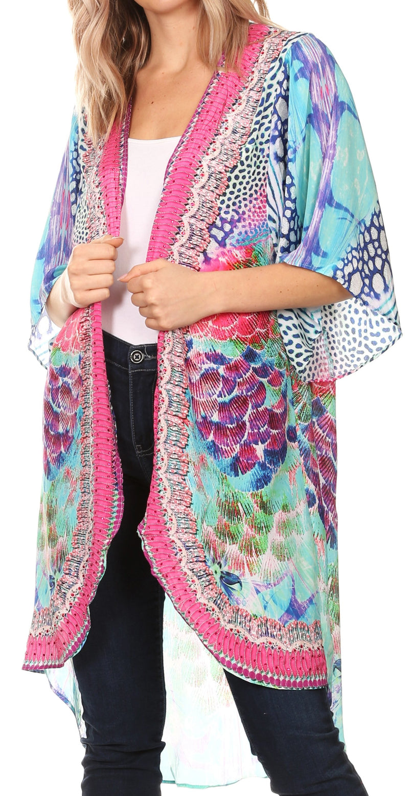Sakkas Denora Women's Casual Draped Kimono Short Sleeve Boho Open Front Cardigan